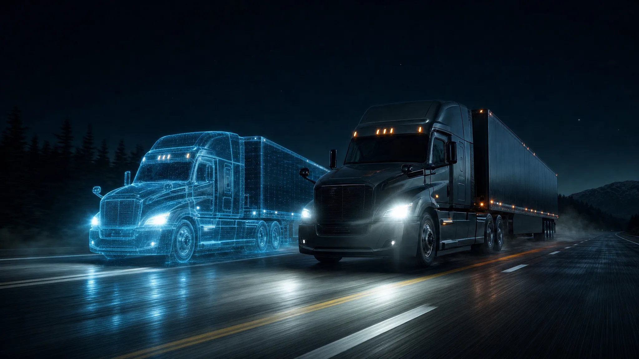 El gemelo digital luminoso de un tractocamión avanza junto al vehículo real por una carretera nocturna.