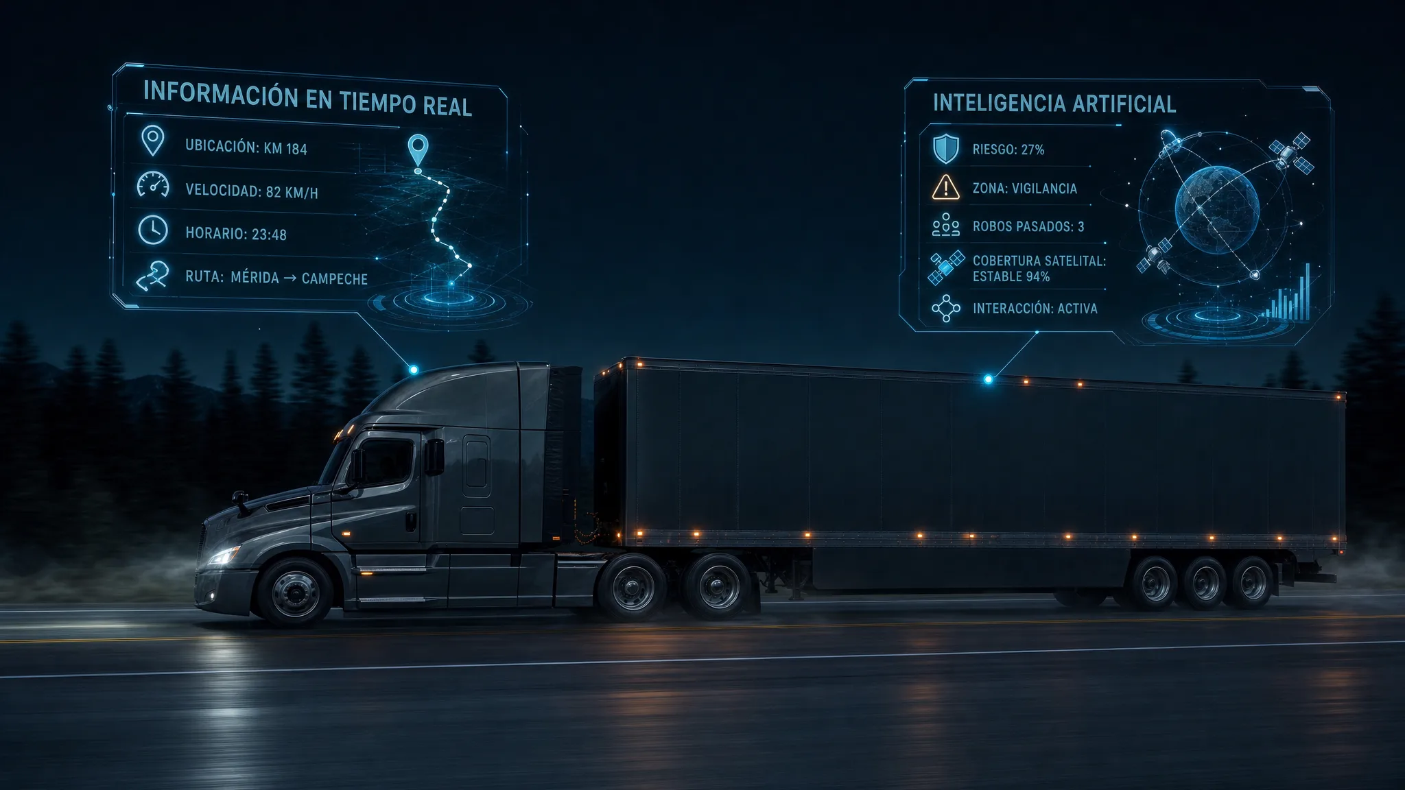 Tractocamión de noche con paneles de información en tiempo real e inteligencia artificial flotando a su alrededor.